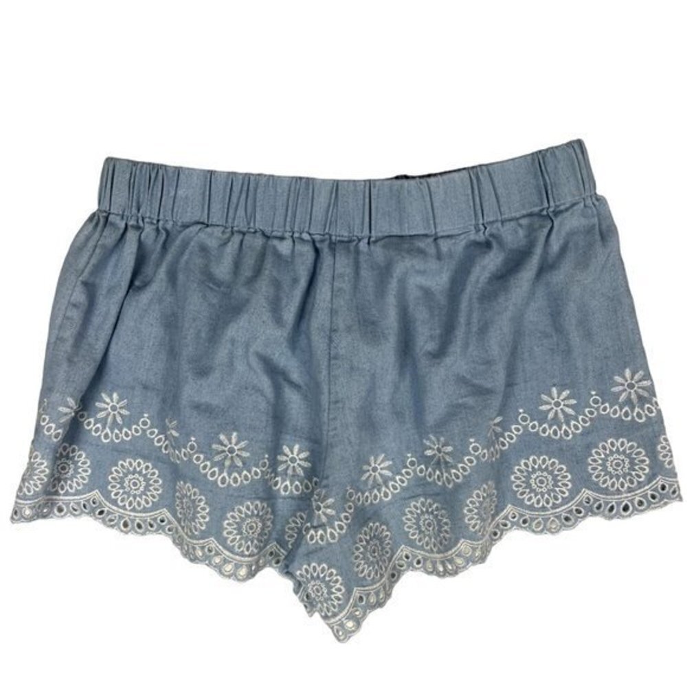 Alya Womens Shorts Size S Chambray Embroidered Scalloped Hem Pull On‎ - Picture 2 of 7